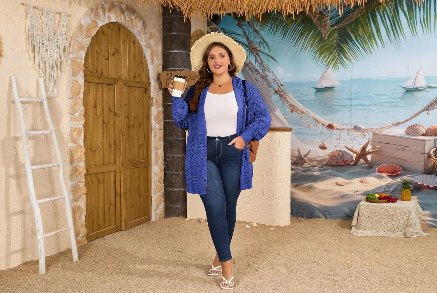 Women's Plus Size Crochet Cardigan Kimonos Boho Long Sleeve Oversized Summer Open Front Knitted Sweater Tops