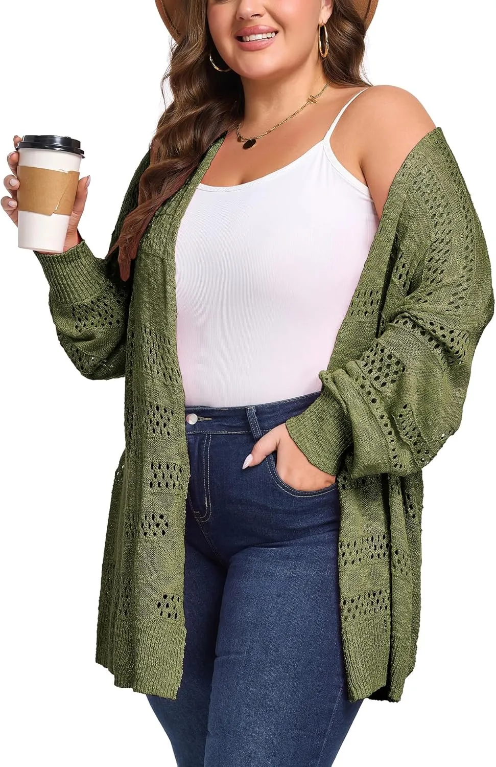 Women's Plus Size Crochet Cardigan Kimonos Boho Long Sleeve Oversized Summer Open Front Knitted Sweater Tops