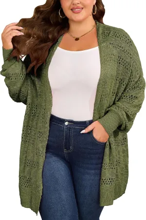 Women's Plus Size Crochet Cardigan Kimonos Boho Long Sleeve Oversized Summer Open Front Knitted Sweater Tops