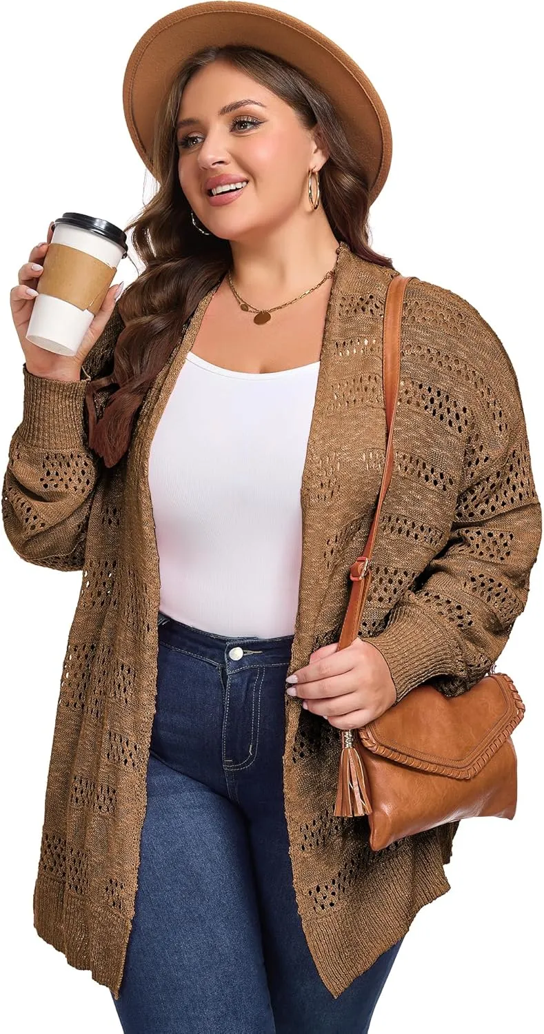 Women's Plus Size Crochet Cardigan Kimonos Boho Long Sleeve Oversized Summer Open Front Knitted Sweater Tops
