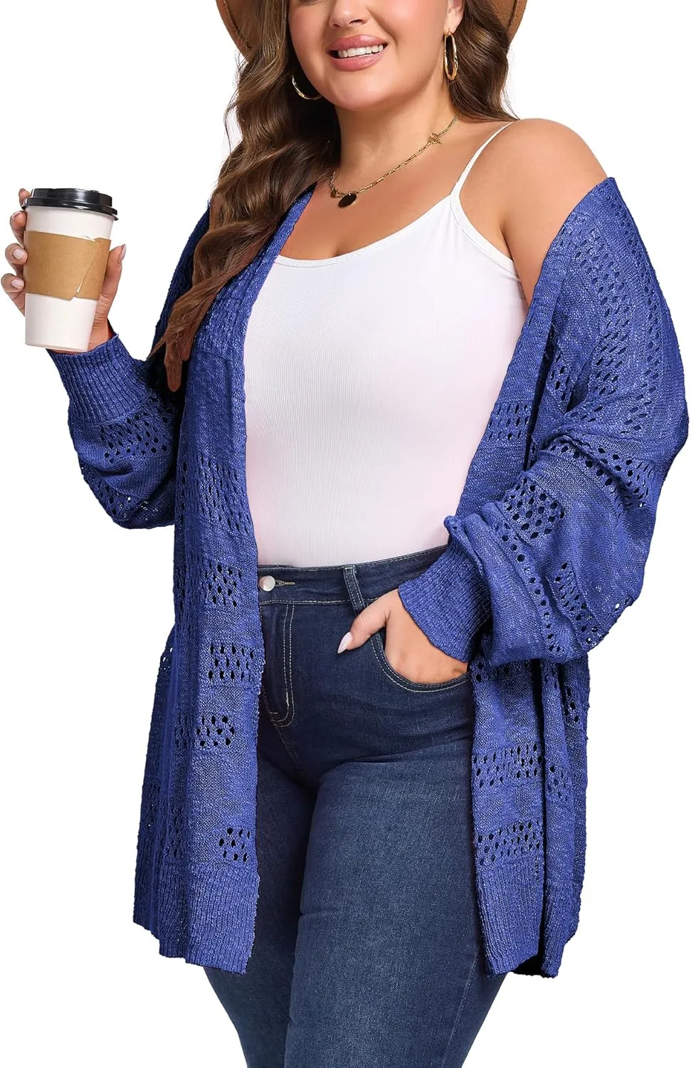 Women's Plus Size Crochet Cardigan Kimonos Boho Long Sleeve Oversized Summer Open Front Knitted Sweater Tops