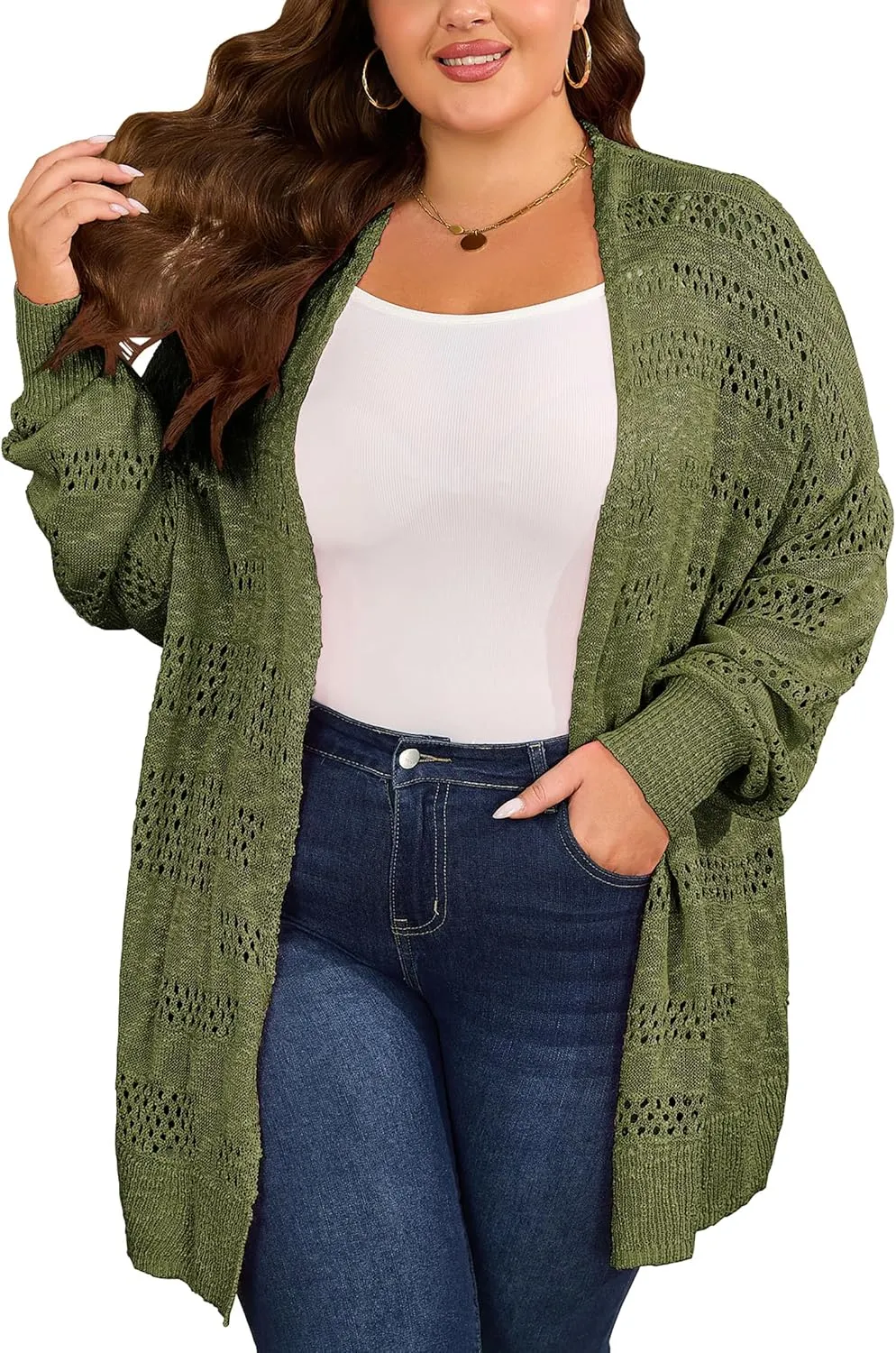 Women's Plus Size Crochet Cardigan Kimonos Boho Long Sleeve Oversized Summer Open Front Knitted Sweater Tops
