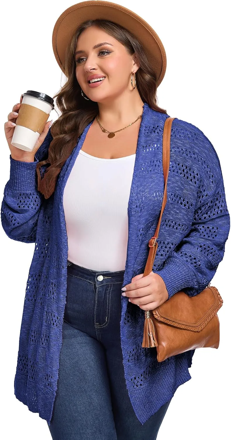 Women's Plus Size Crochet Cardigan Kimonos Boho Long Sleeve Oversized Summer Open Front Knitted Sweater Tops