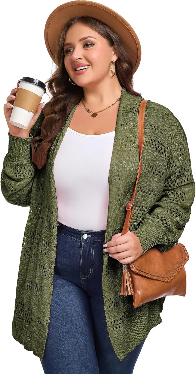 Women's Plus Size Crochet Cardigan Kimonos Boho Long Sleeve Oversized Summer Open Front Knitted Sweater Tops