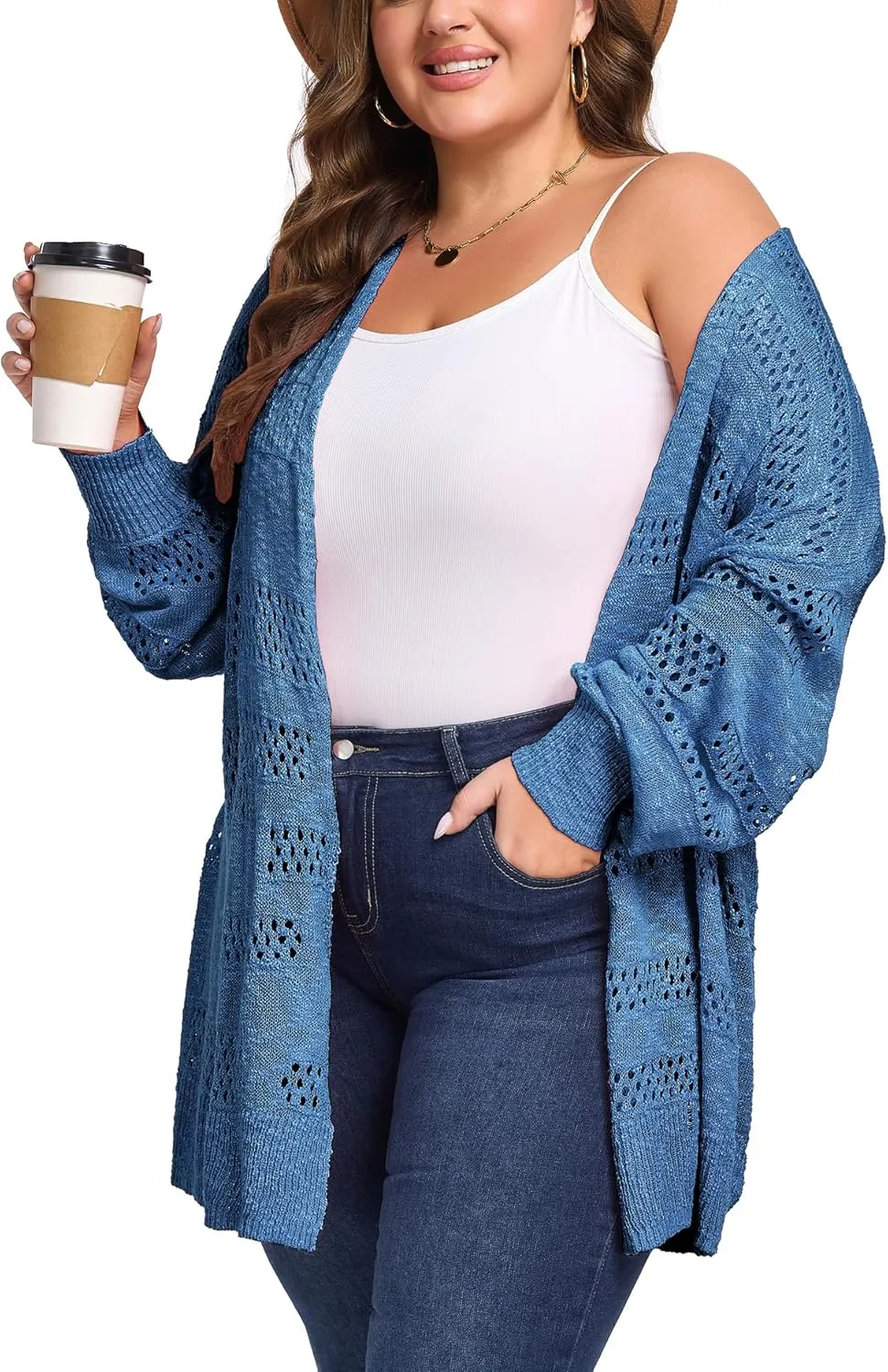Women's Plus Size Crochet Cardigan Kimonos Boho Long Sleeve Oversized Summer Open Front Knitted Sweater Tops