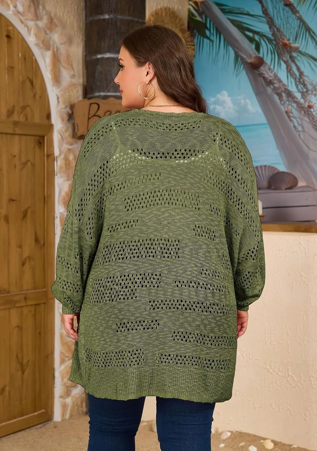 Women's Plus Size Crochet Cardigan Kimonos Boho Long Sleeve Oversized Summer Open Front Knitted Sweater Tops