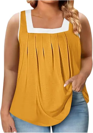 Women's Plus Size Pleated Tank Tops Colorblock Square Neck Blouse Casual Dressy Comfy Summer Loose Sleeveless Shirts