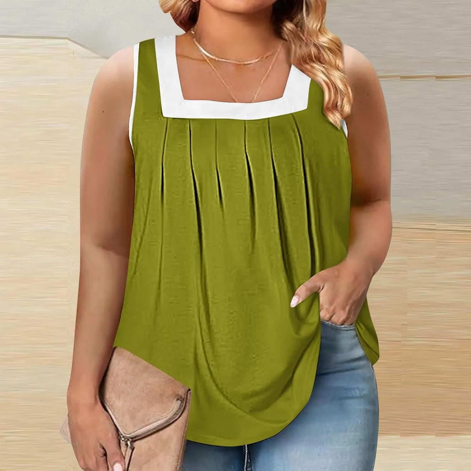 Women's Plus Size Pleated Tank Tops Colorblock Square Neck Blouse Casual Dressy Comfy Summer Loose Sleeveless Shirts