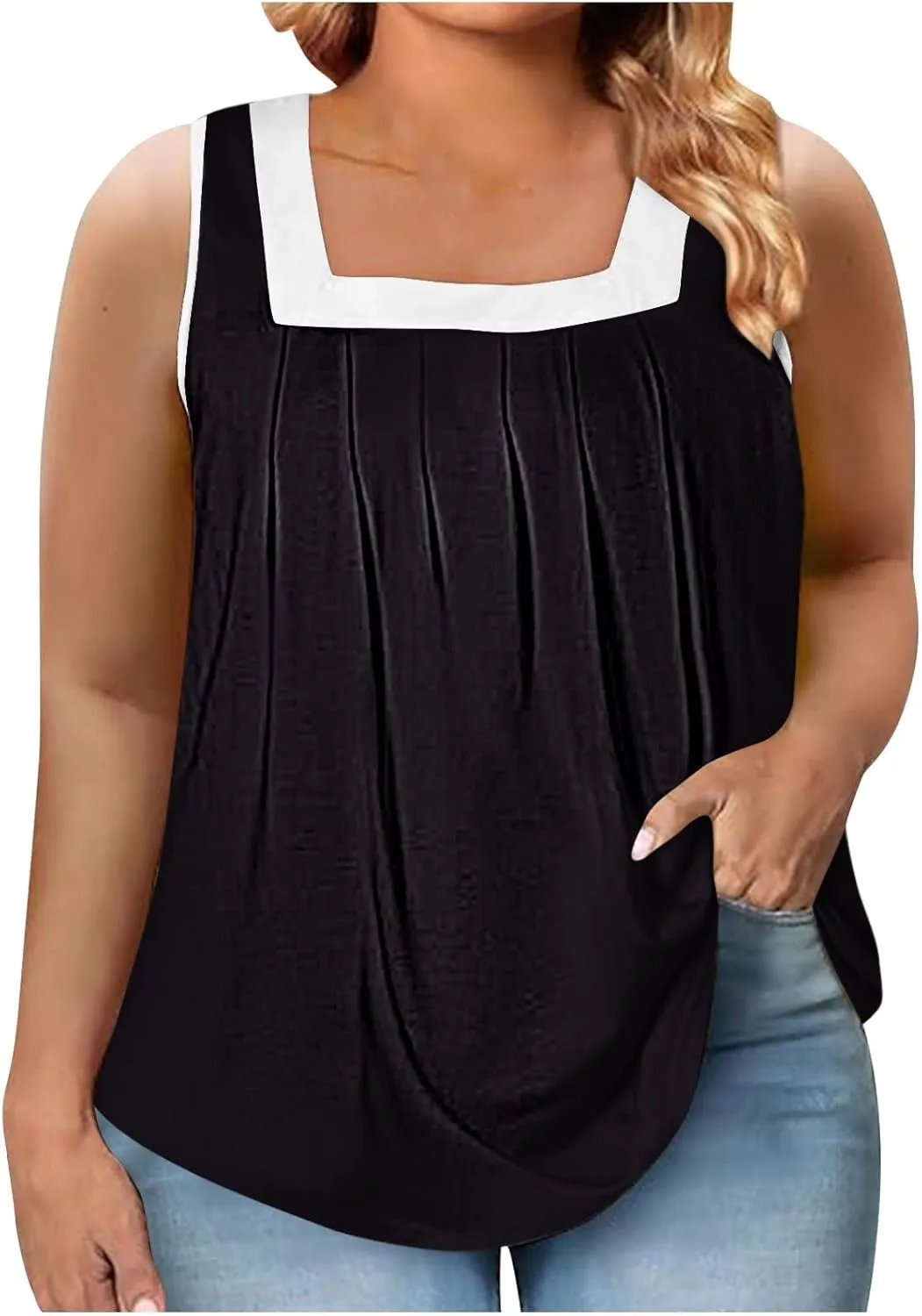 Women's Plus Size Pleated Tank Tops Colorblock Square Neck Blouse Casual Dressy Comfy Summer Loose Sleeveless Shirts
