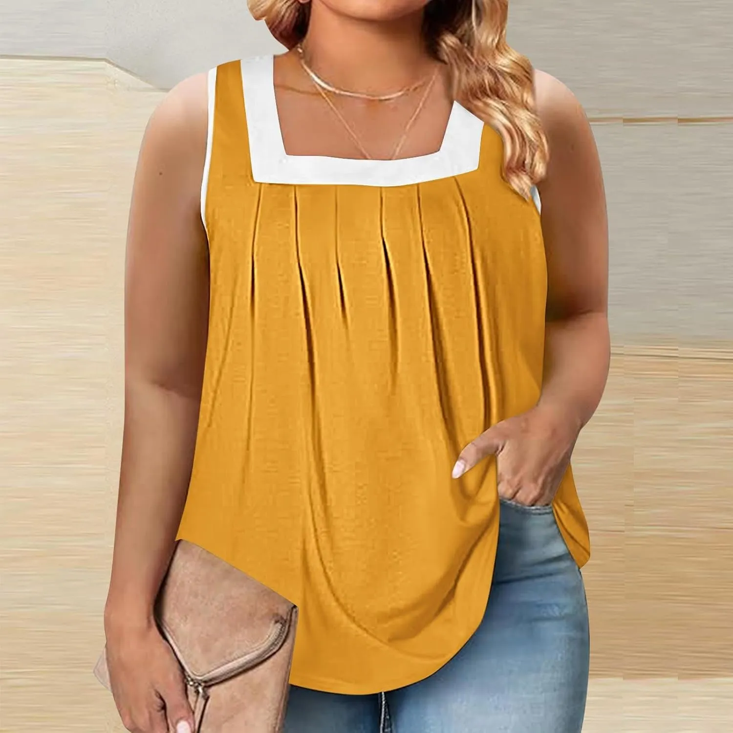 Women's Plus Size Pleated Tank Tops Colorblock Square Neck Blouse Casual Dressy Comfy Summer Loose Sleeveless Shirts