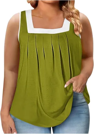 Women's Plus Size Pleated Tank Tops Colorblock Square Neck Blouse Casual Dressy Comfy Summer Loose Sleeveless Shirts