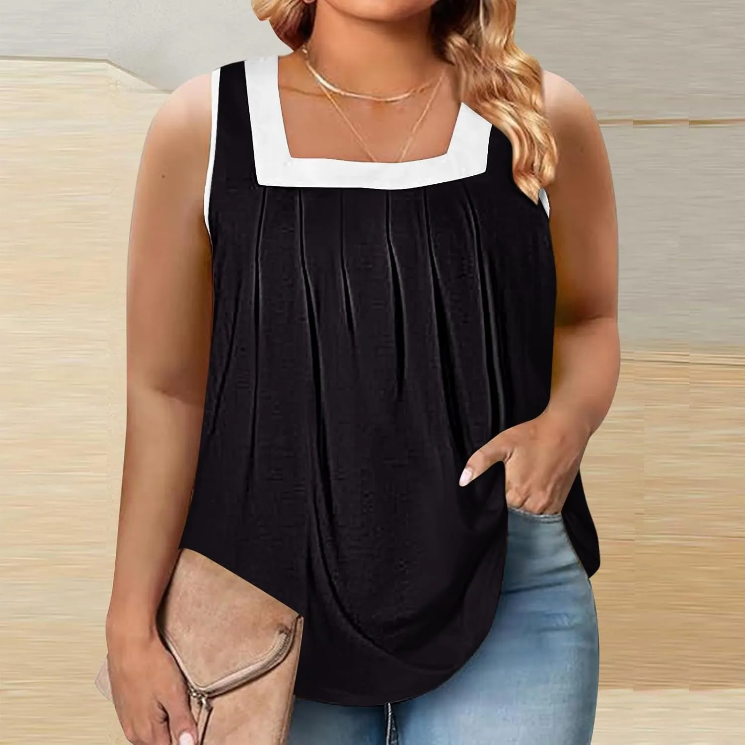 Women's Plus Size Pleated Tank Tops Colorblock Square Neck Blouse Casual Dressy Comfy Summer Loose Sleeveless Shirts