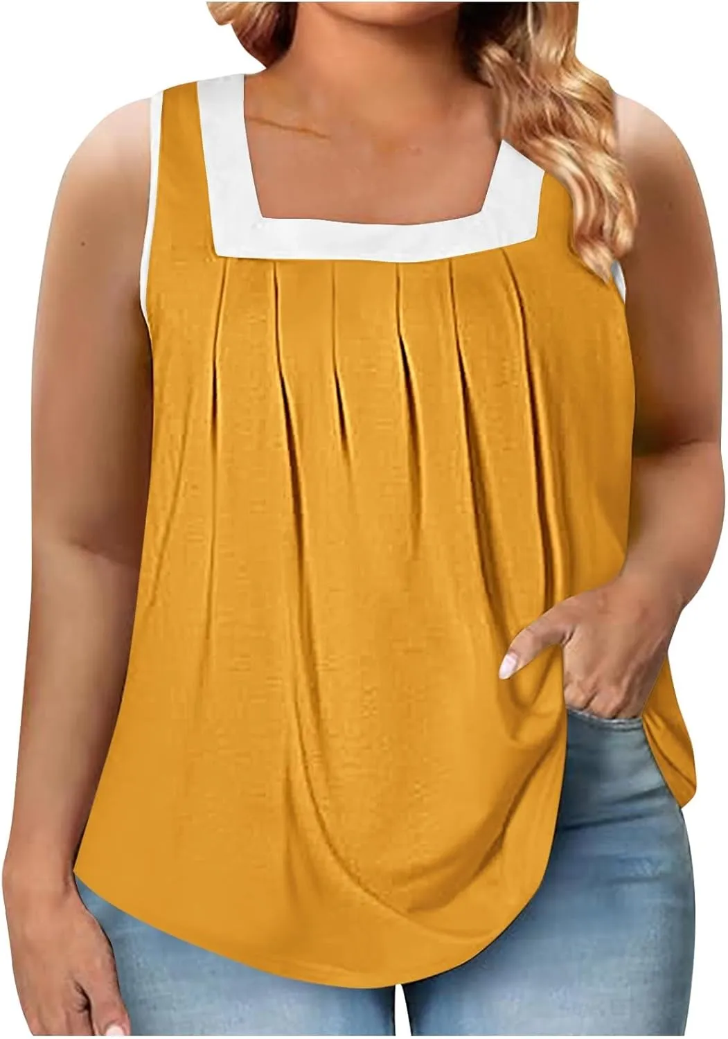 Women's Plus Size Pleated Tank Tops Colorblock Square Neck Blouse Casual Dressy Comfy Summer Loose Sleeveless Shirts