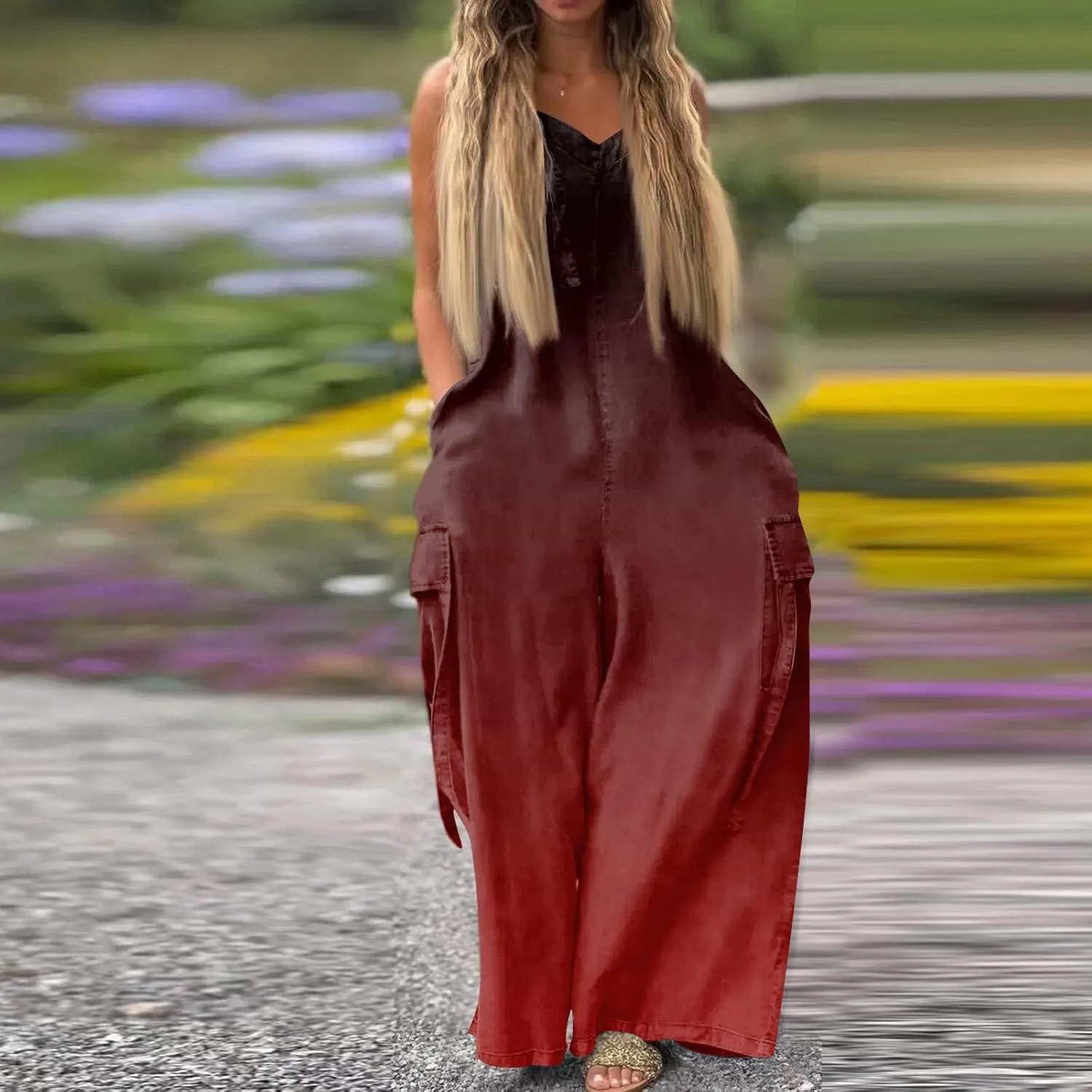 Womens Rompers and Jumpsuits Gradient Solid Color One Piece Sleeveless Spaghetti Strap Rompers Summer Overalls