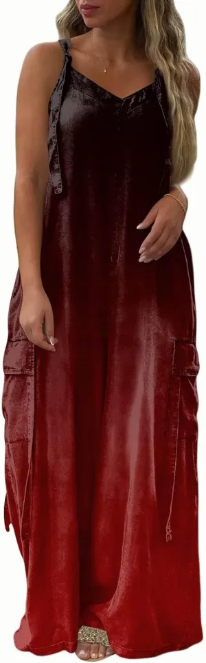 Womens Rompers and Jumpsuits Gradient Solid Color One Piece Sleeveless Spaghetti Strap Rompers Summer Overalls