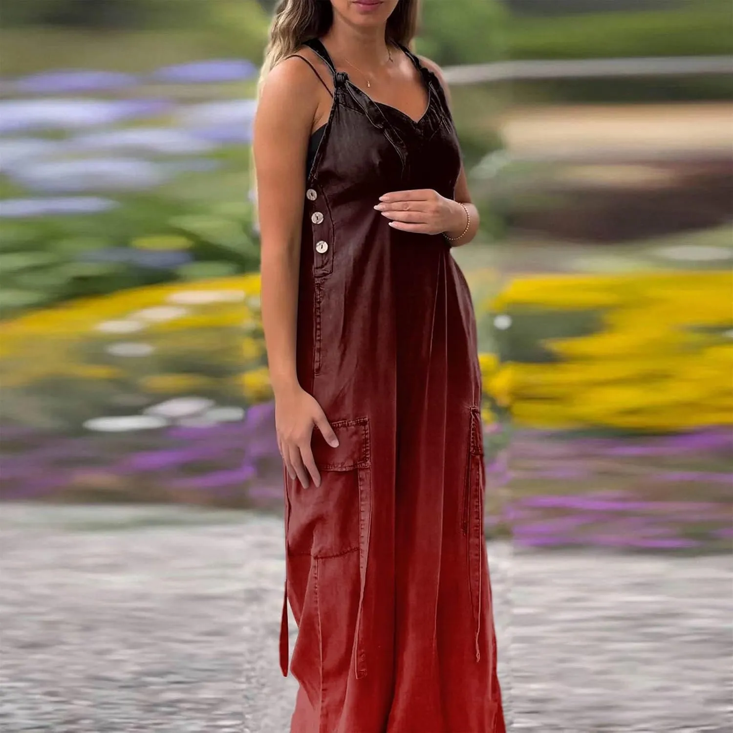 Womens Rompers and Jumpsuits Gradient Solid Color One Piece Sleeveless Spaghetti Strap Rompers Summer Overalls