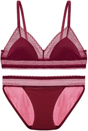 Women's Sexy Lace Trimmed Lingerie Set with Adjustable Straps Bra and Seamless Breathable Briefs