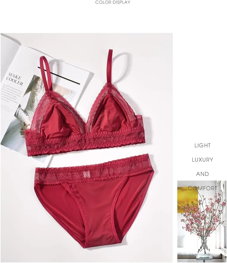 Women's Sexy Lace Trimmed Lingerie Set with Adjustable Straps Bra and Seamless Breathable Briefs