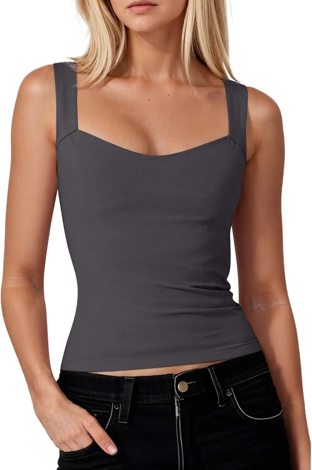 Women's Sexy Tank Tops Square Neck Sleeveless Double Lined Basic Tank Top Slim Fit Crop Camisole Tops Summer Outfits