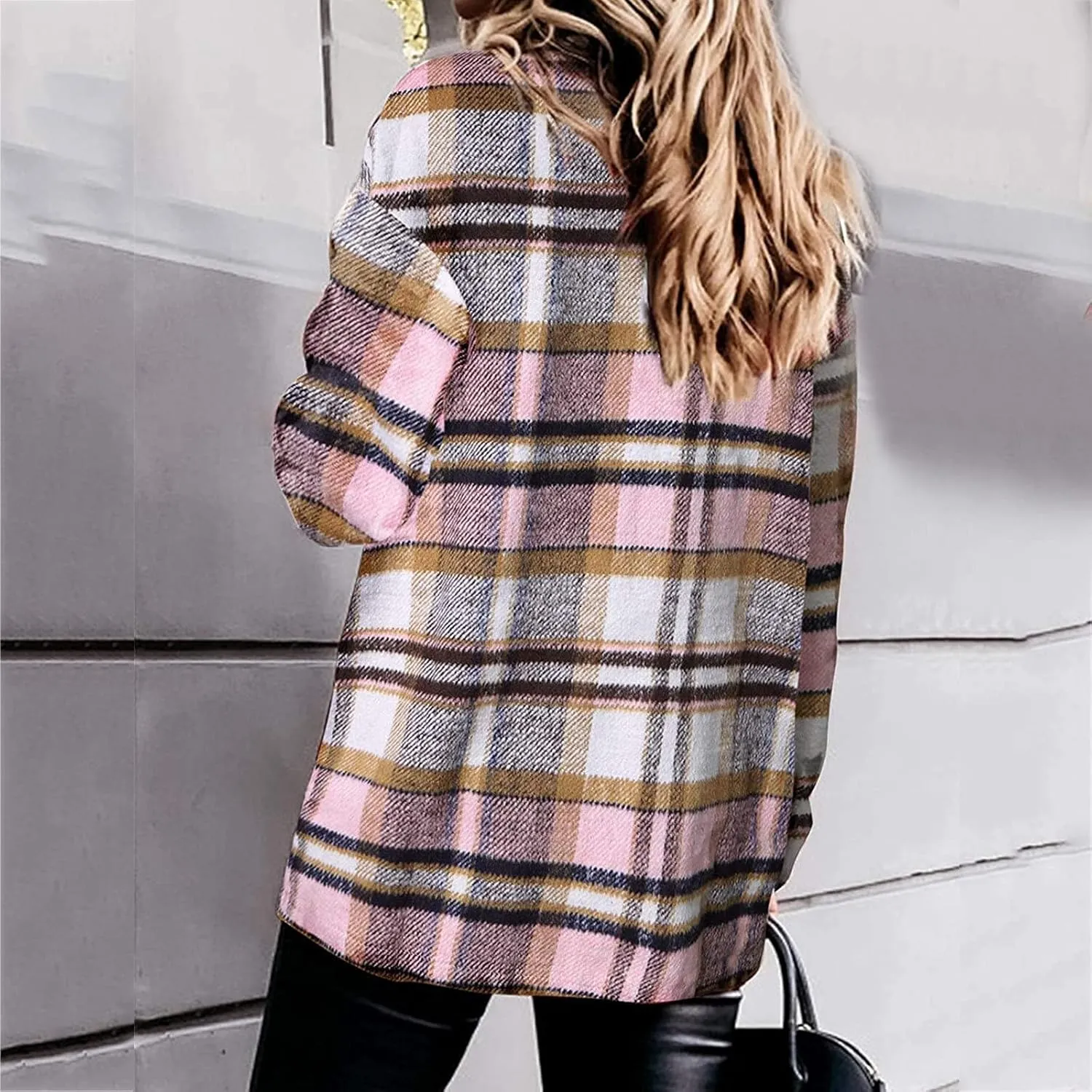 Womens Shirts Plaid Long Sleeve Button Down V Neck Collared Oversized Blouses Coats with Pockets