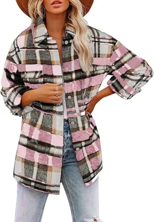 Womens Shirts Plaid Long Sleeve Button Down V Neck Collared Oversized Blouses Coats with Pockets