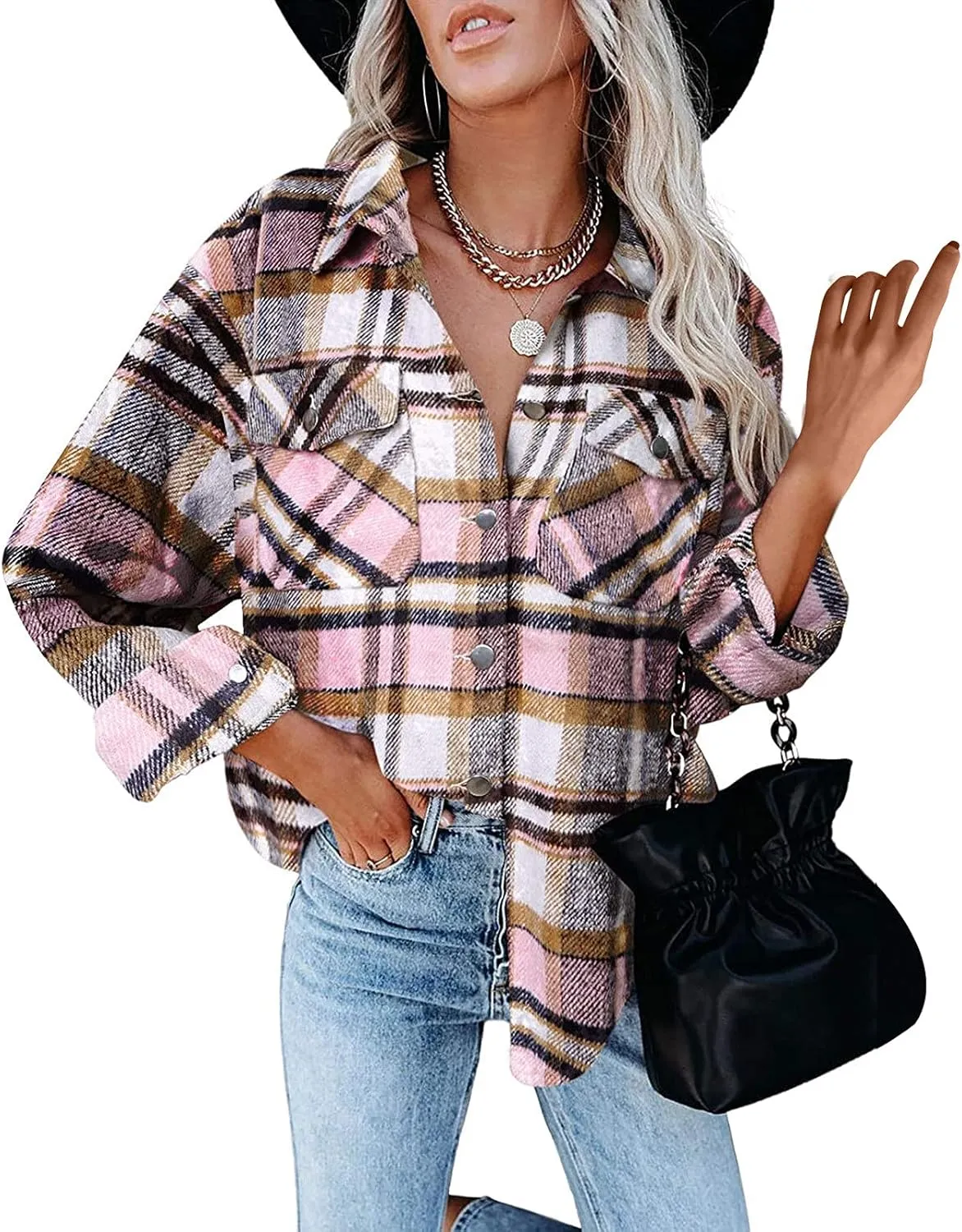 Womens Shirts Plaid Long Sleeve Button Down V Neck Collared Oversized Blouses Coats with Pockets