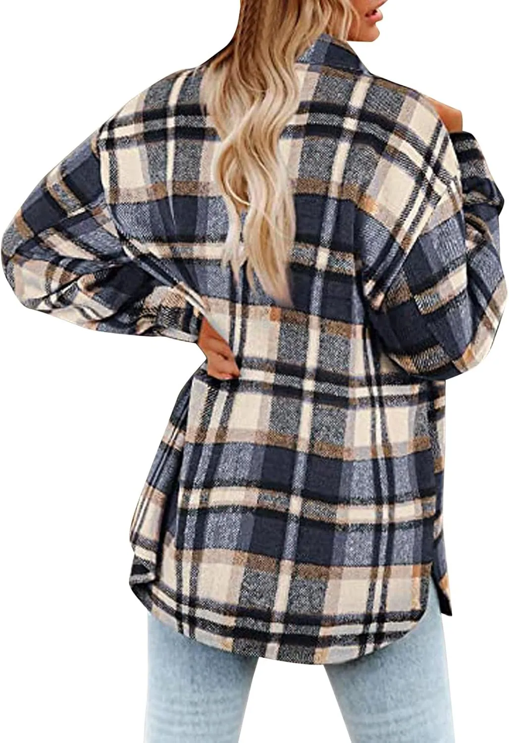 Womens Shirts Plaid Long Sleeve Button Down V Neck Collared Oversized Blouses Coats with Pockets