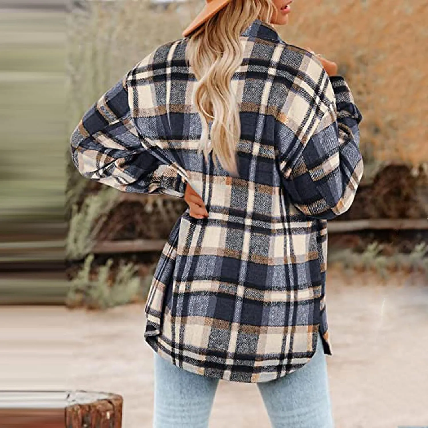 Womens Shirts Plaid Long Sleeve Button Down V Neck Collared Oversized Blouses Coats with Pockets