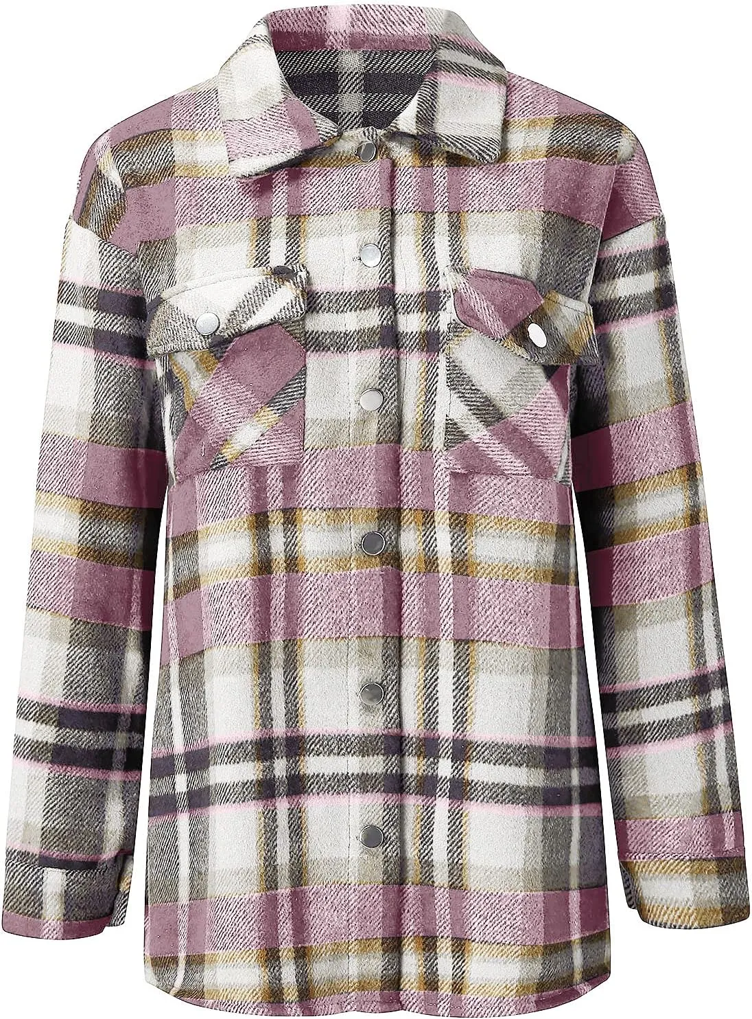 Womens Shirts Plaid Long Sleeve Button Down V Neck Collared Oversized Blouses Coats with Pockets