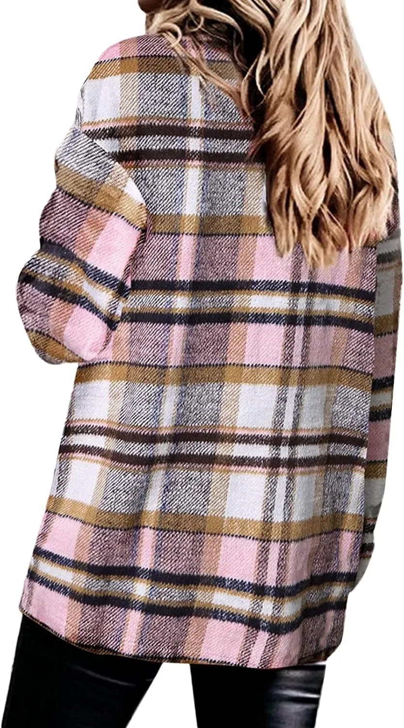 Womens Shirts Plaid Long Sleeve Button Down V Neck Collared Oversized Blouses Coats with Pockets
