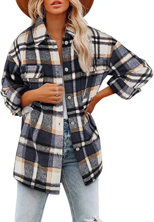 Womens Shirts Plaid Long Sleeve Button Down V Neck Collared Oversized Blouses Coats with Pockets