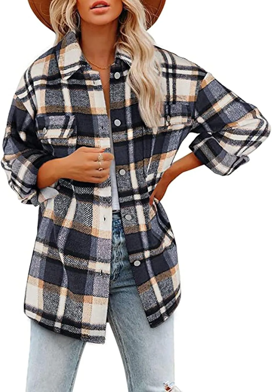 Womens Shirts Plaid Long Sleeve Button Down V Neck Collared Oversized Blouses Coats with Pockets