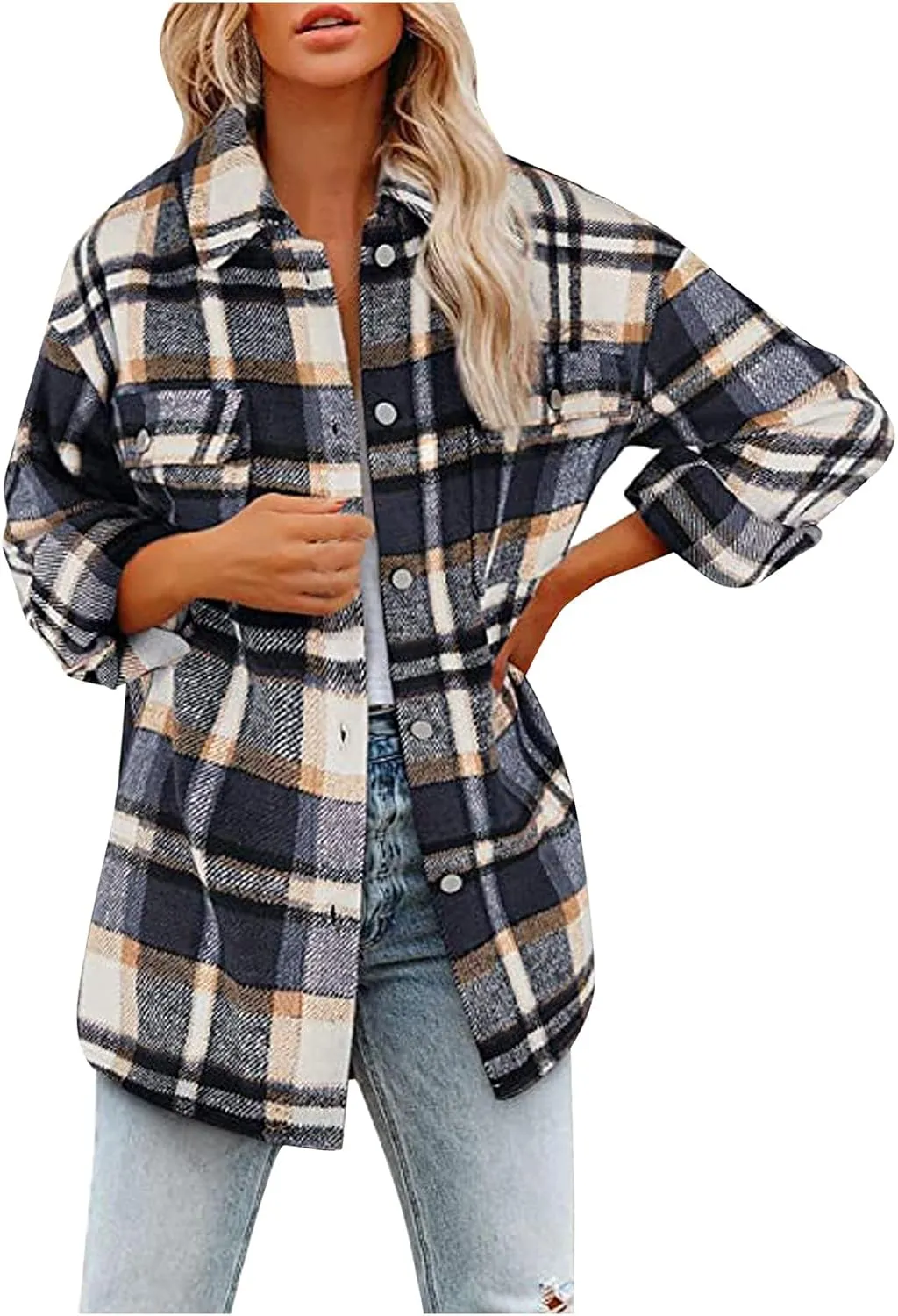 Womens Shirts Plaid Long Sleeve Button Down V Neck Collared Oversized Blouses Coats with Pockets