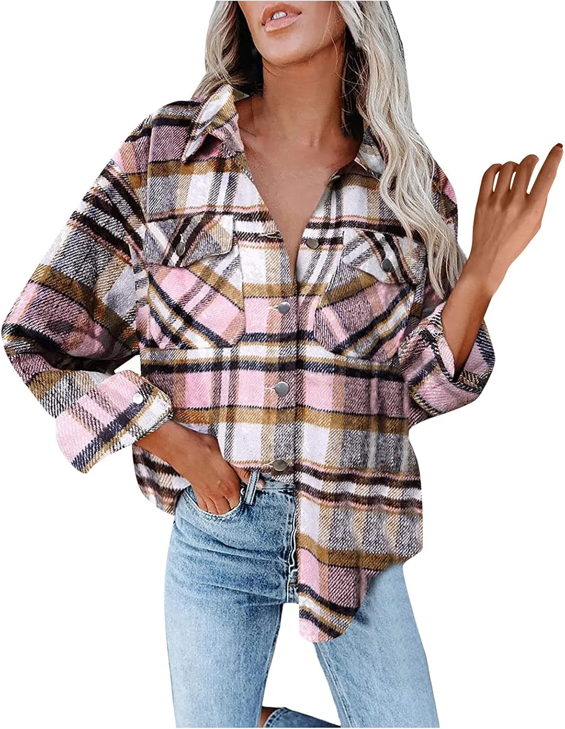 Womens Shirts Plaid Long Sleeve Button Down V Neck Collared Oversized Blouses Coats with Pockets
