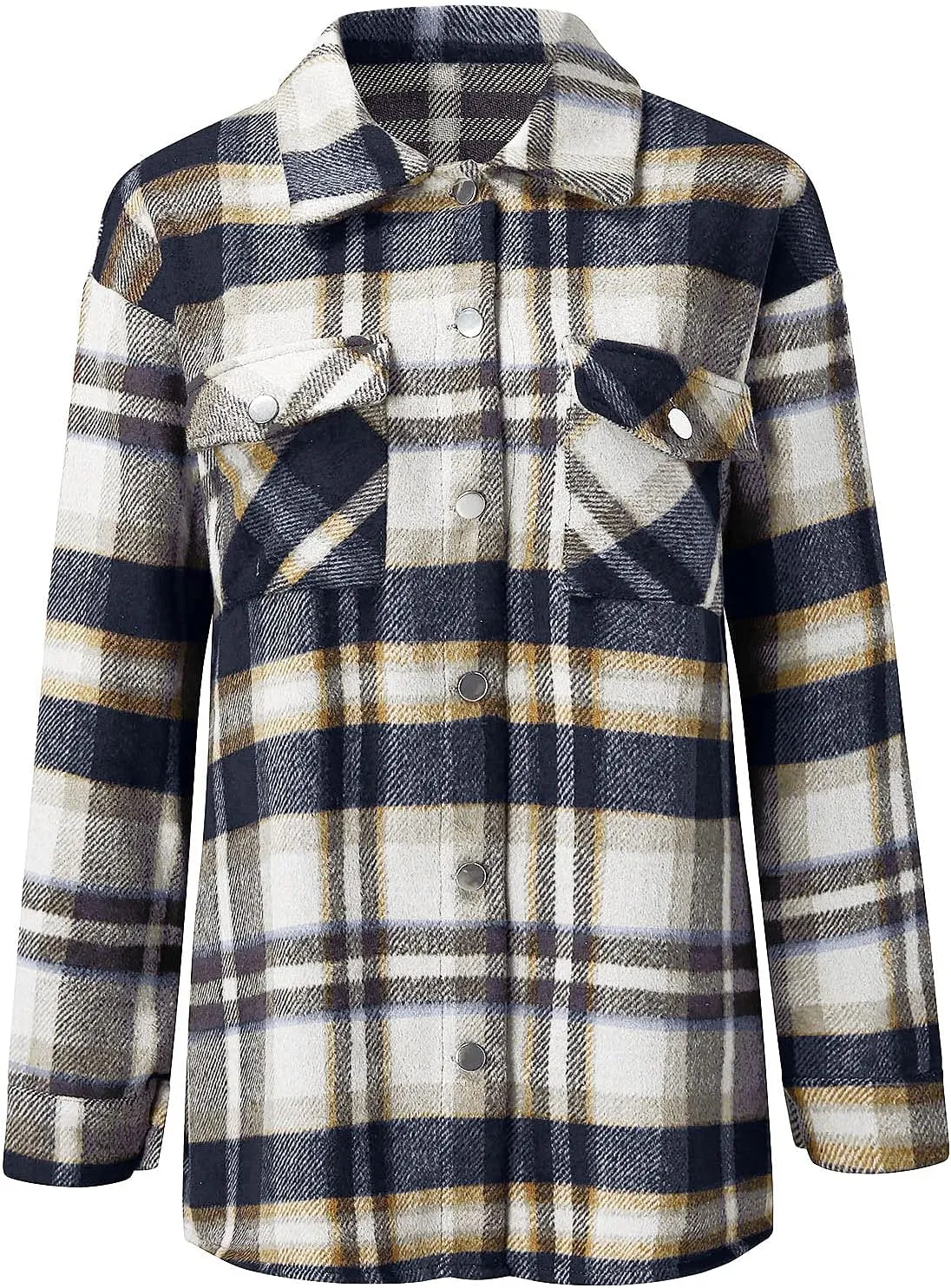 Womens Shirts Plaid Long Sleeve Button Down V Neck Collared Oversized Blouses Coats with Pockets