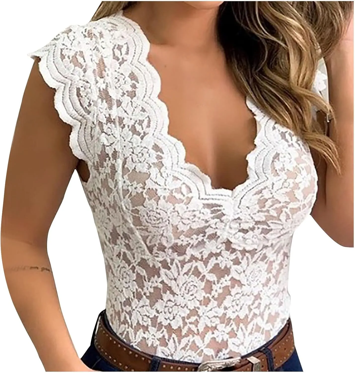 Women's Sleeveless Tops Lace Casual Loose Blouses Tank Shirts Deep Vneck Cap Sleeve Basic Tanks Top for Women