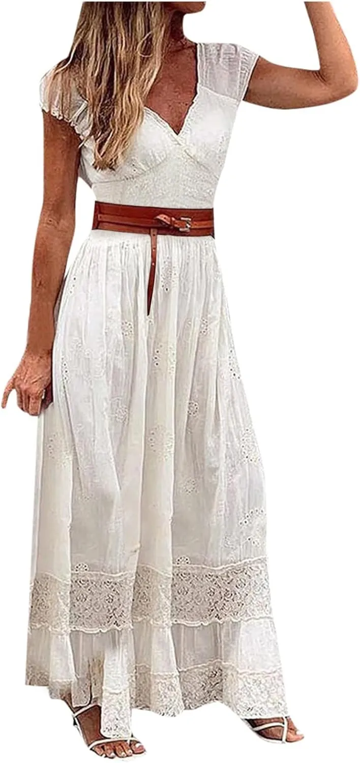 Women's Solid Color Long Maxi Dress with Belt Elegant Lace Trimmed Evening Gown Sequin Dress Party