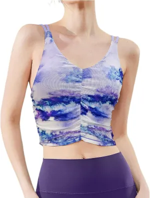 Women's Sports Yoga Crop Camisole Tops, Fashion Spaghetti Strap Ruched V-Neck Workout Shirts Beauty Back Slim Clothes