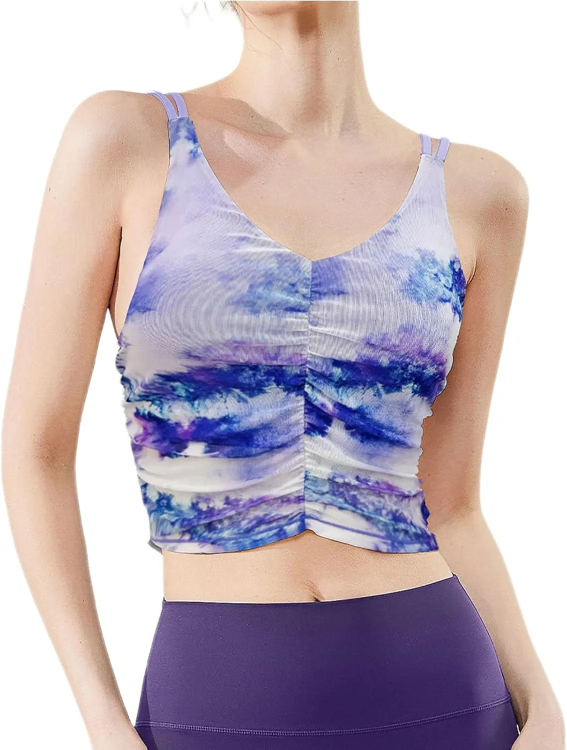 Women's Sports Yoga Crop Camisole Tops, Fashion Spaghetti Strap Ruched V-Neck Workout Shirts Beauty Back Slim Clothes