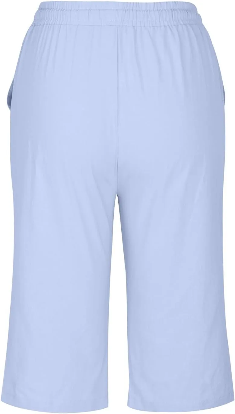 Womens Straight Leg Linen Shorts with Pockets Knee Length Summer Pants Casual Summer Bottoms Pants Loungewear