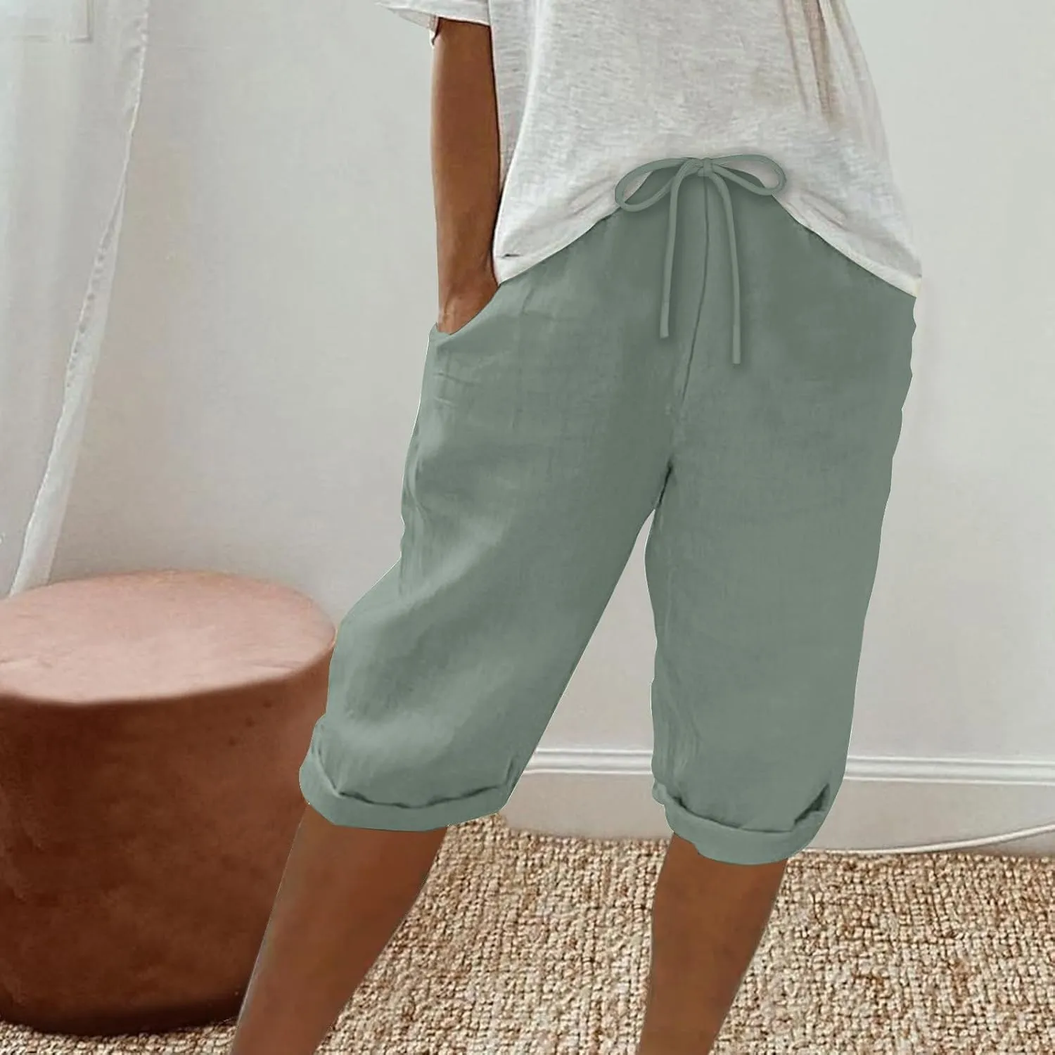 Womens Straight Leg Linen Shorts with Pockets Knee Length Summer Pants Casual Summer Bottoms Pants Loungewear