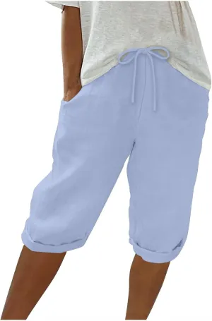 Womens Straight Leg Linen Shorts with Pockets Knee Length Summer Pants Casual Summer Bottoms Pants Loungewear