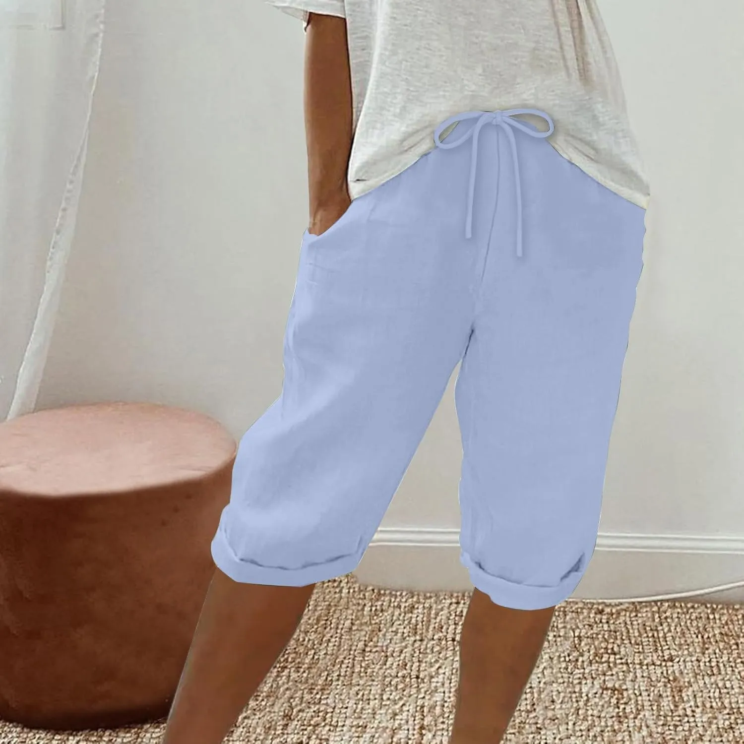 Womens Straight Leg Linen Shorts with Pockets Knee Length Summer Pants Casual Summer Bottoms Pants Loungewear