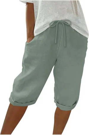 Womens Straight Leg Linen Shorts with Pockets Knee Length Summer Pants Casual Summer Bottoms Pants Loungewear