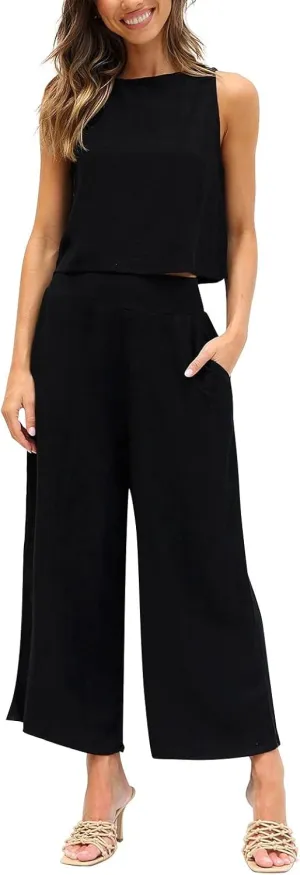 Women's Summer 2 Piece Outfits Sleeveless Crop Top Capri Wide Leg Pants Jumpsuit Linen Lounge Beach Travel Sets