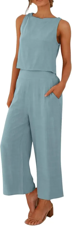 Women's Summer 2 Piece Outfits Sleeveless Crop Top Capri Wide Leg Pants Jumpsuit Linen Lounge Beach Travel Sets