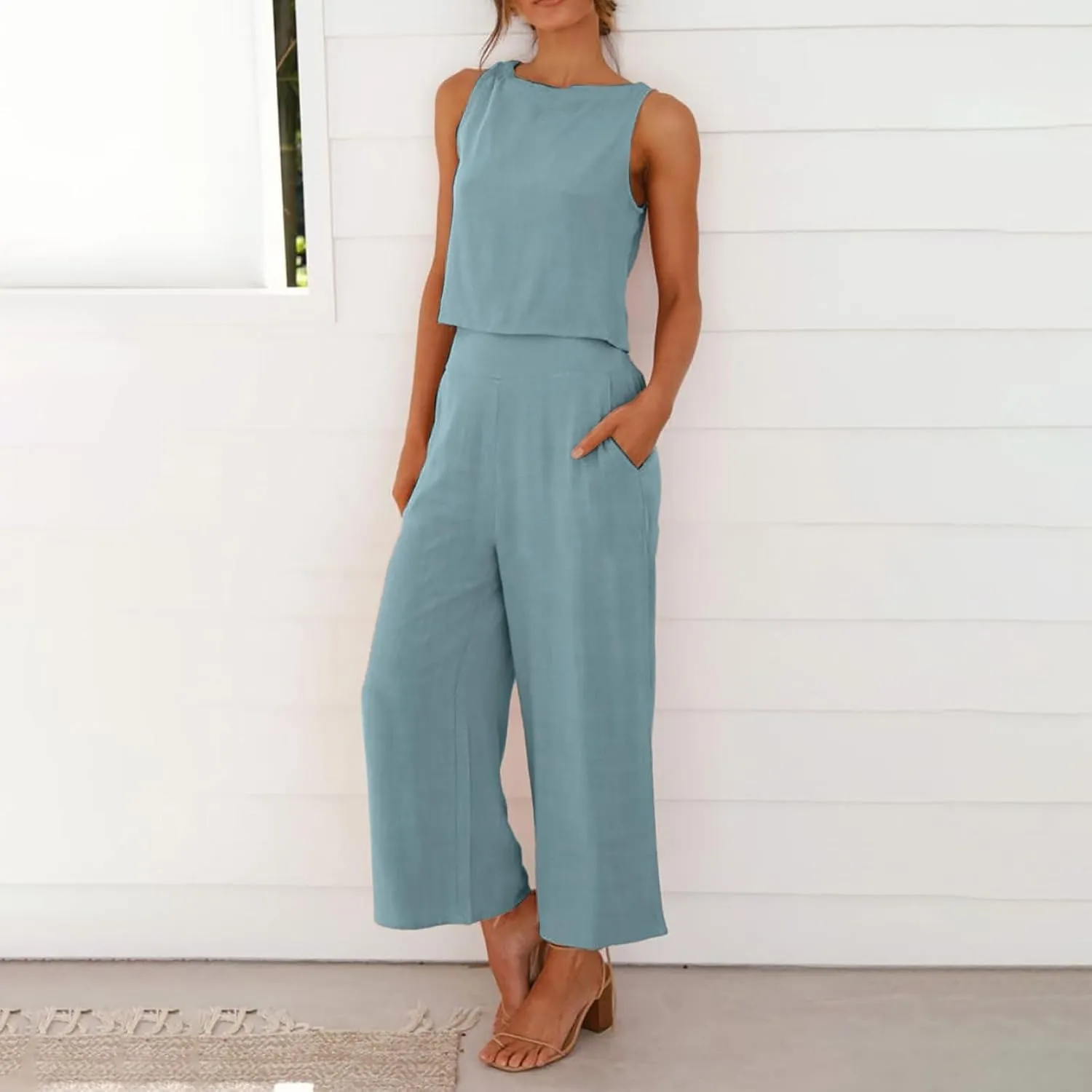 Women's Summer 2 Piece Outfits Sleeveless Crop Top Capri Wide Leg Pants Jumpsuit Linen Lounge Beach Travel Sets