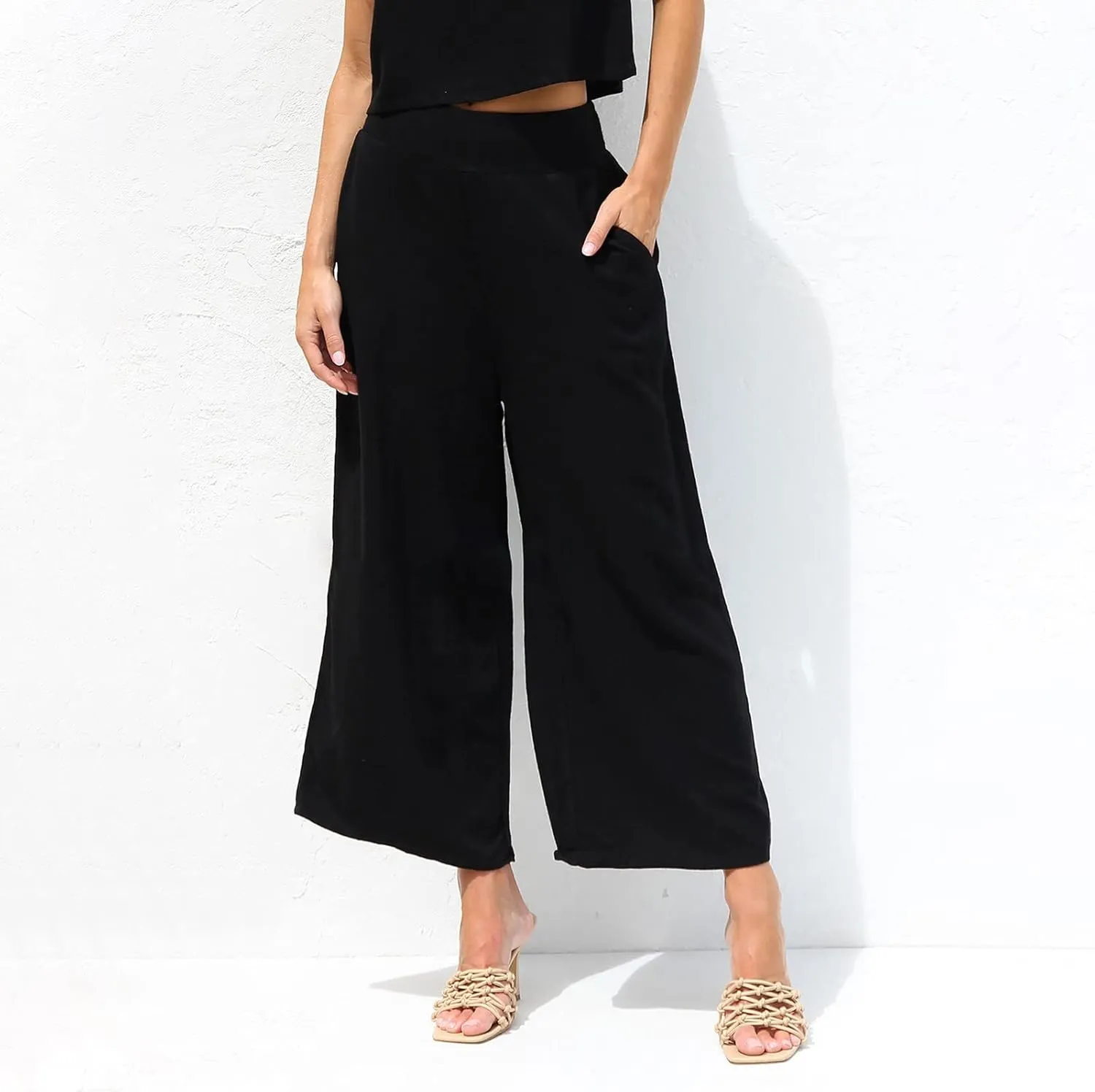 Women's Summer 2 Piece Outfits Sleeveless Crop Top Capri Wide Leg Pants Jumpsuit Linen Lounge Beach Travel Sets