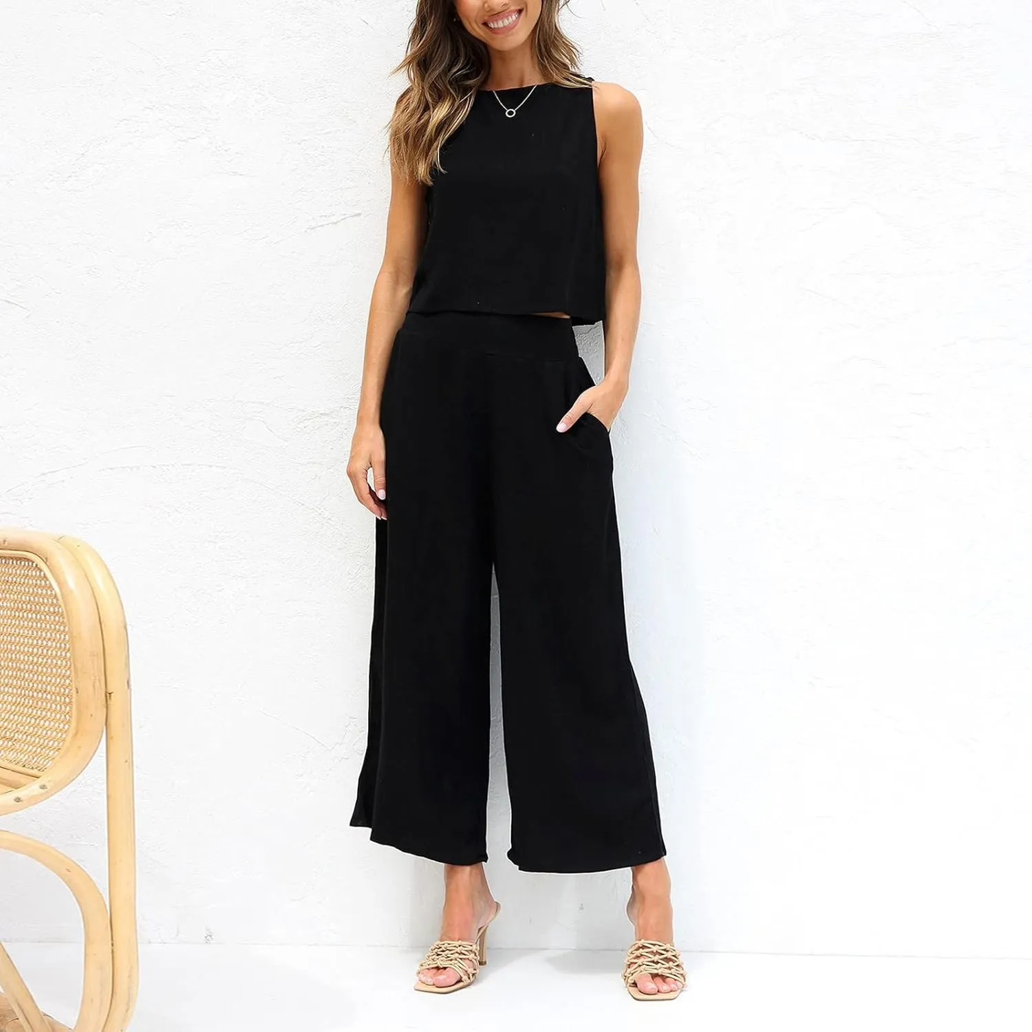 Women's Summer 2 Piece Outfits Sleeveless Crop Top Capri Wide Leg Pants Jumpsuit Linen Lounge Beach Travel Sets