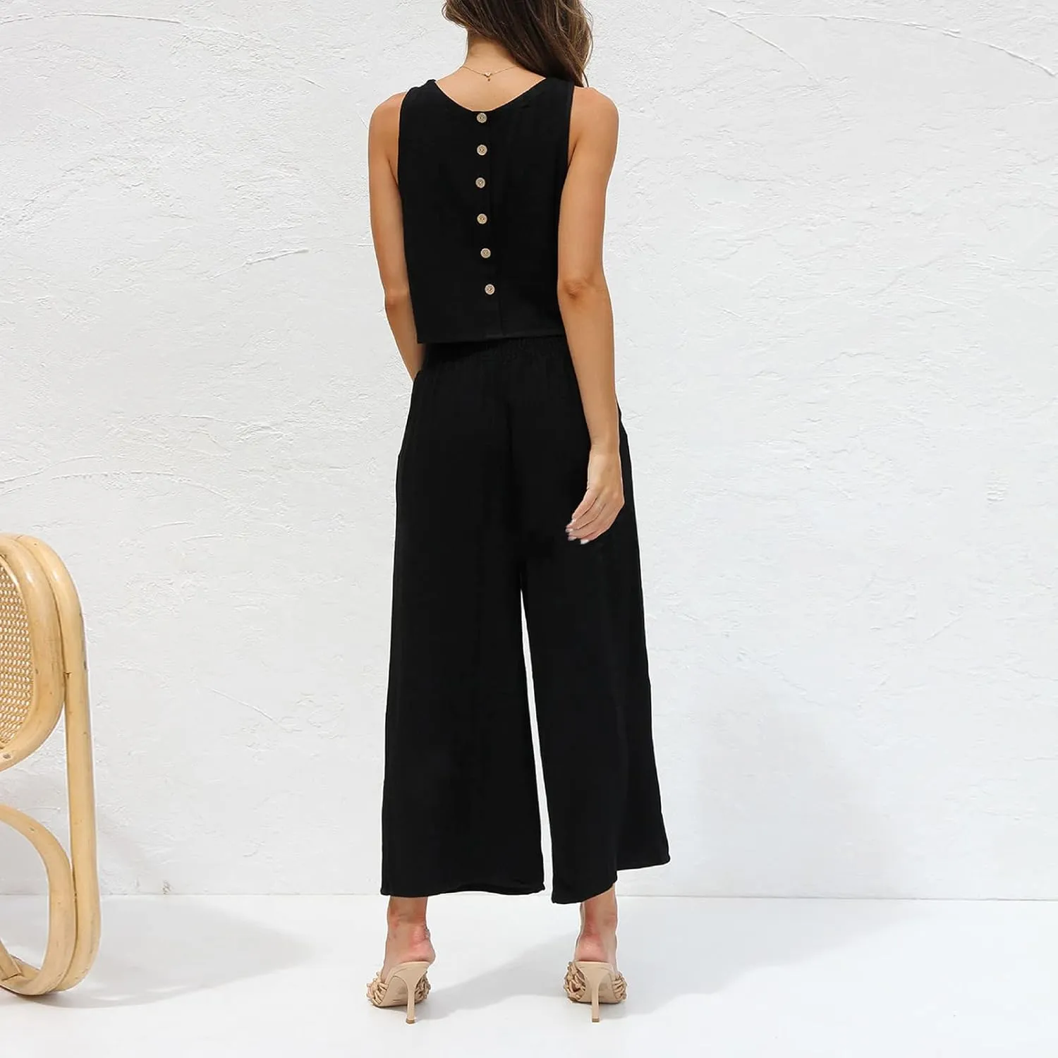 Women's Summer 2 Piece Outfits Sleeveless Crop Top Capri Wide Leg Pants Jumpsuit Linen Lounge Beach Travel Sets